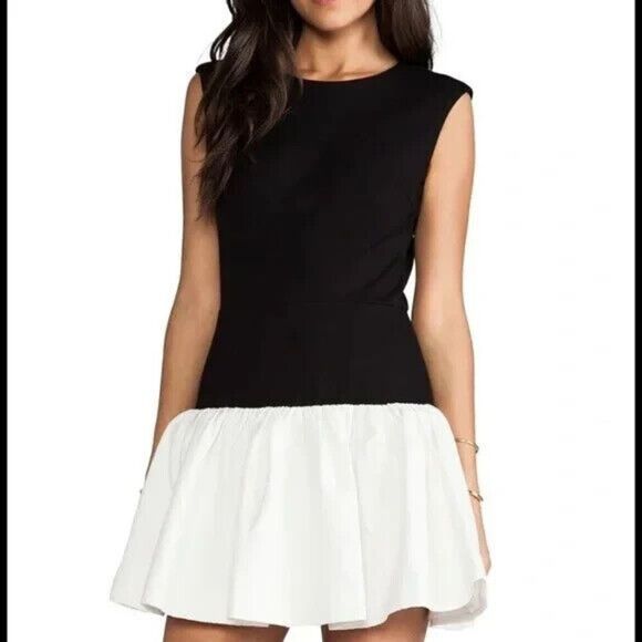 Erin Fetherston Hepburn Dress 8 Black Cream Drop Waist Cap Sleeve Fit & Flare - Picture 2 of 9